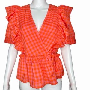 J.Crew Gingham Ruffle Wrap Peplum Top Preppy Farmers Daughter Feminine Prairie